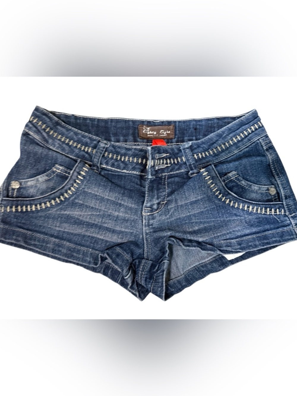 Eighty Eight Dark Blue Whipstitch Denim Shorts with Red Ribbon Detail